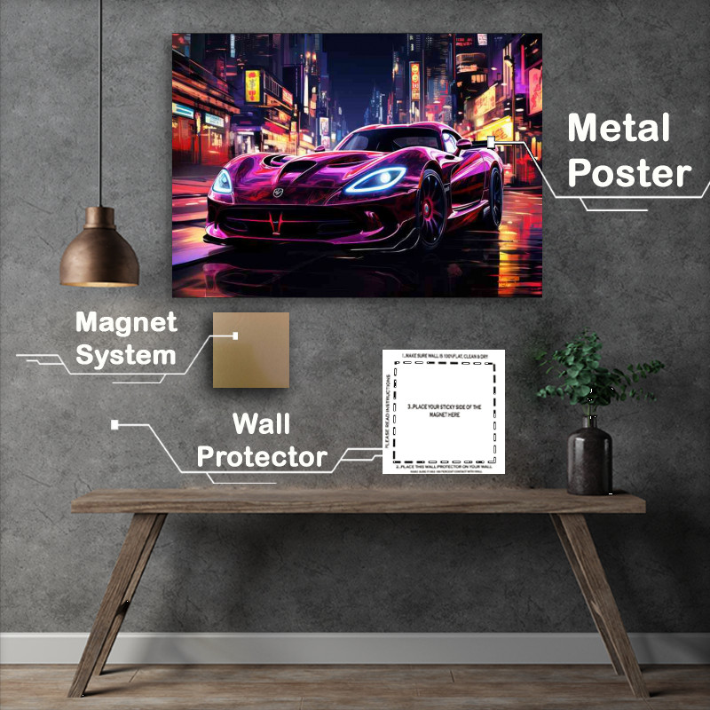 Buy Metal Poster : (Cyberpunk Neon light purple street racing car)