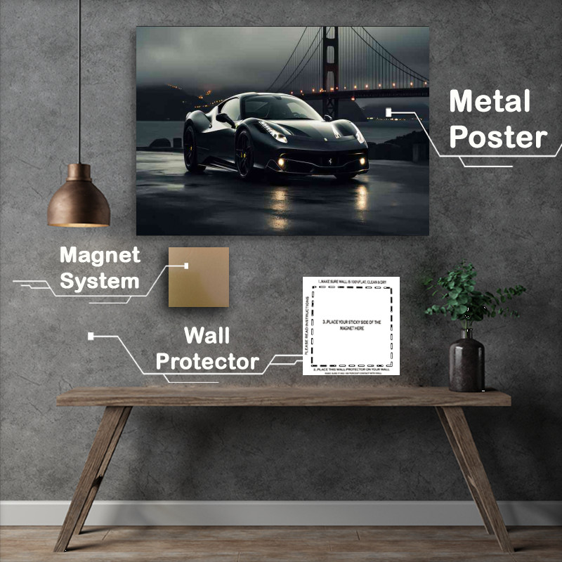 Buy Metal Poster : (Ferrari 448 parked next to the golden bridge)