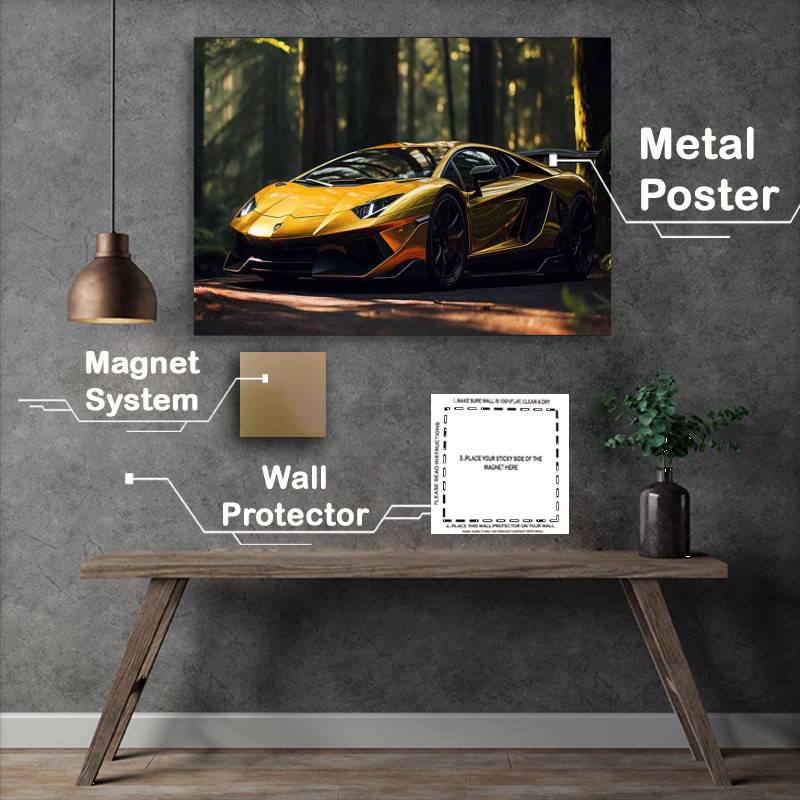 Buy Metal Poster : (Lamborghini supercar parked next to trees)