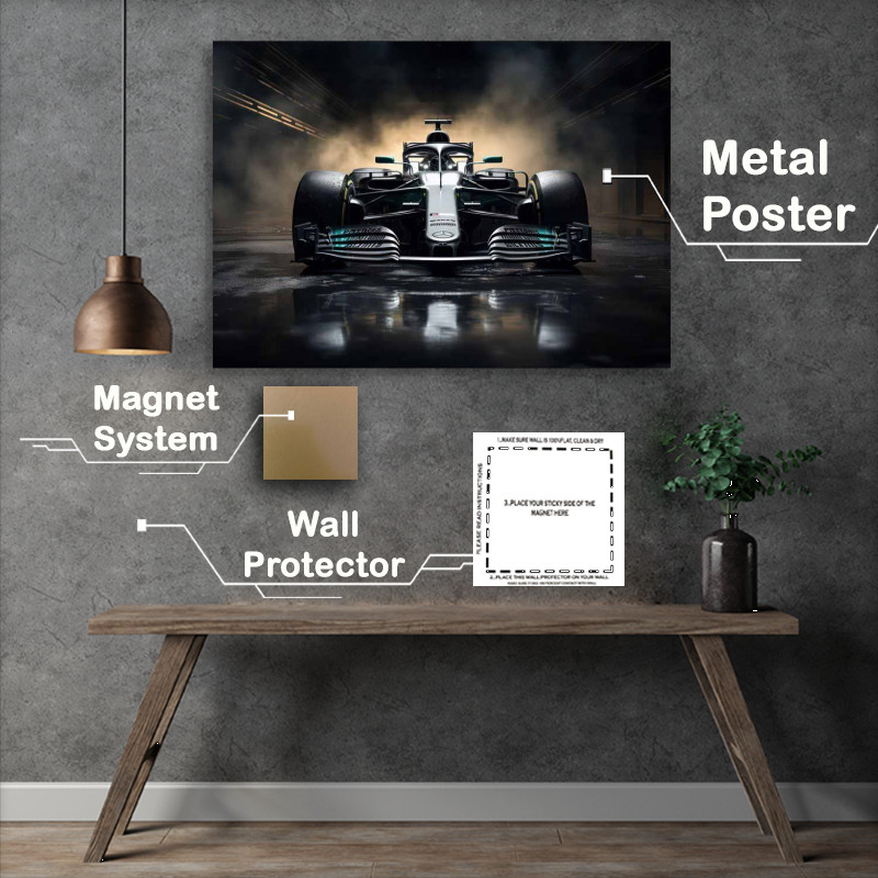 Buy Metal Poster : (Modern formula one racing car with smoke)