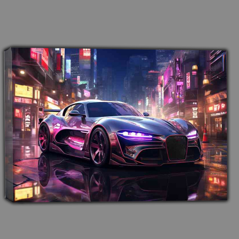 Buy Canvas : (Neon Purple futuristic street car in the city)