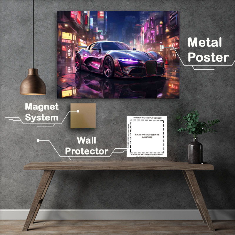 Buy Metal Poster : (Neon Purple futuristic street car in the city)