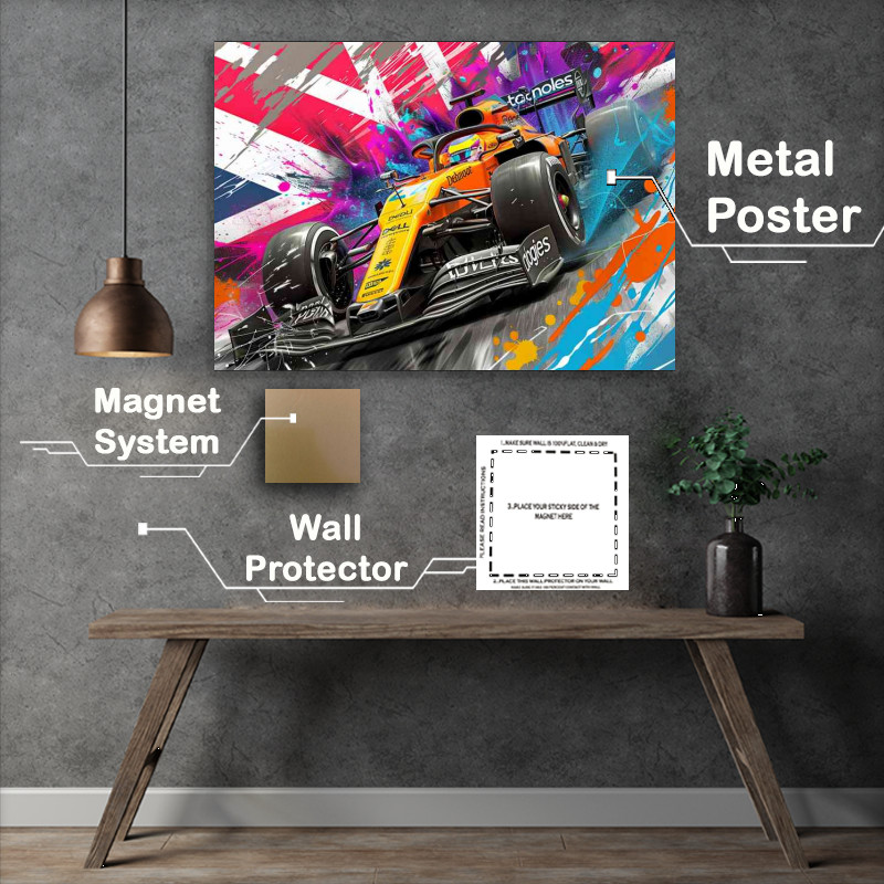 Buy Metal Poster : (Orange formula one car with uk flag)