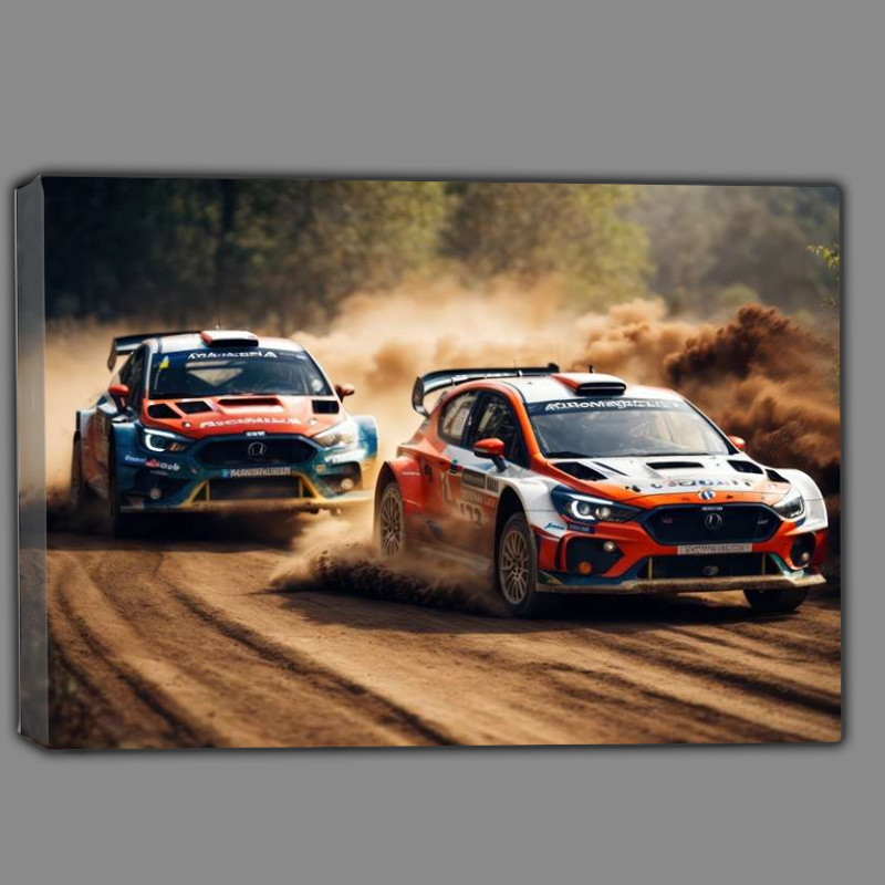 Buy Canvas : (Pair of rally cars driving through mud)