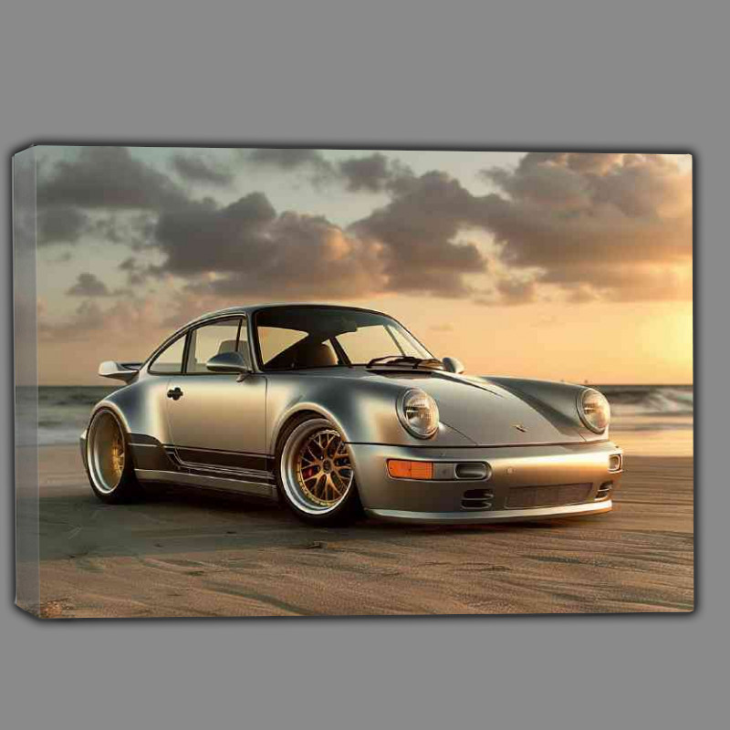 Buy Canvas : (Porsche 964 beach at sunset gold wheels)