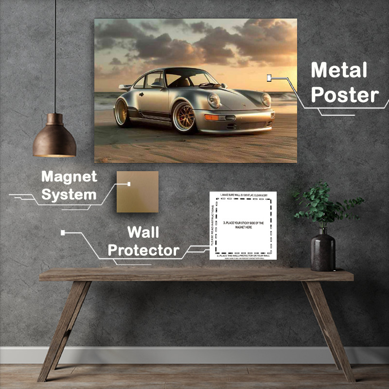 Buy Metal Poster : (Porsche 964 beach at sunset gold wheels)