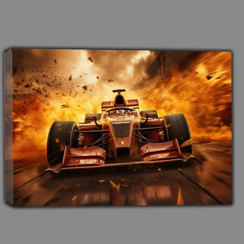 Buy Canvas : (Red Formula one car driving through fire)