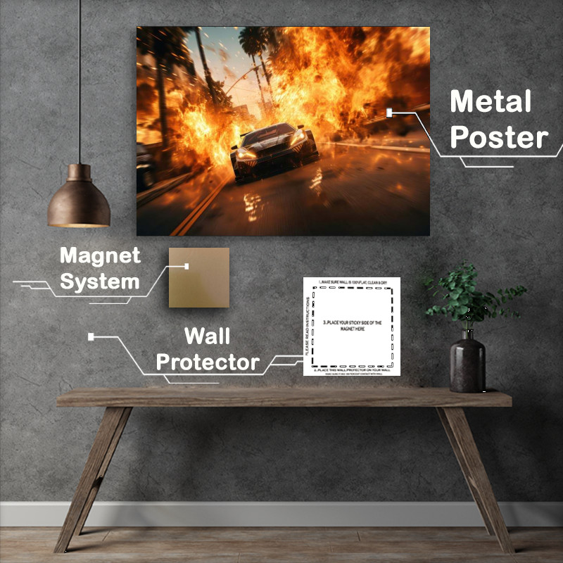 Buy Metal Poster : (Super Car Driving Through The Streets Of Fire)
