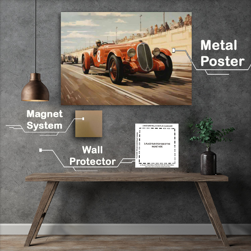 Buy Metal Poster : (Vintage race car racing on track in red)