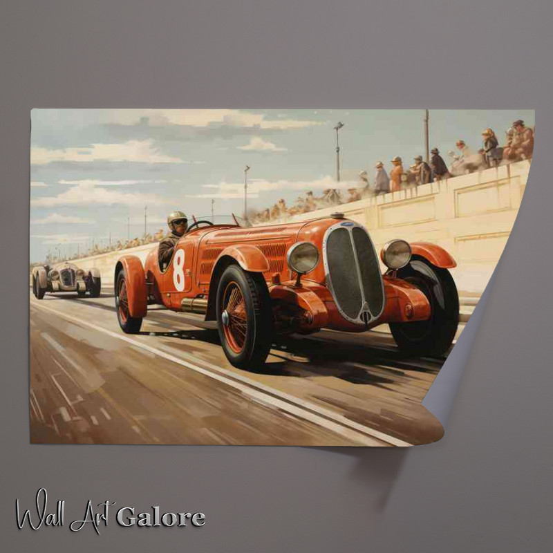 Buy Unframed Poster : (Vintage race car racing on track in red)