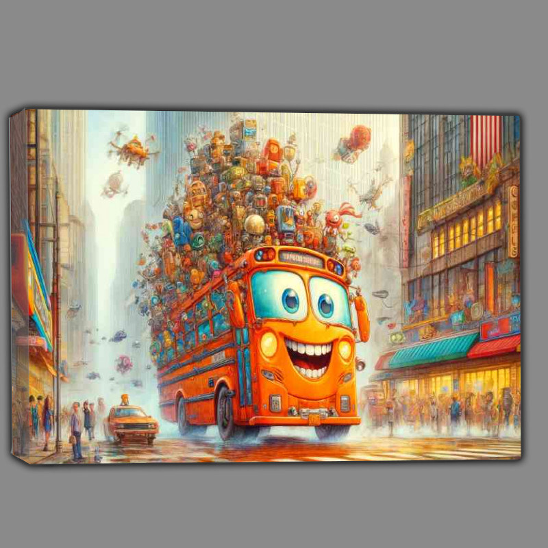 Buy Canvas : (Whimsical bus bright orange grinning)