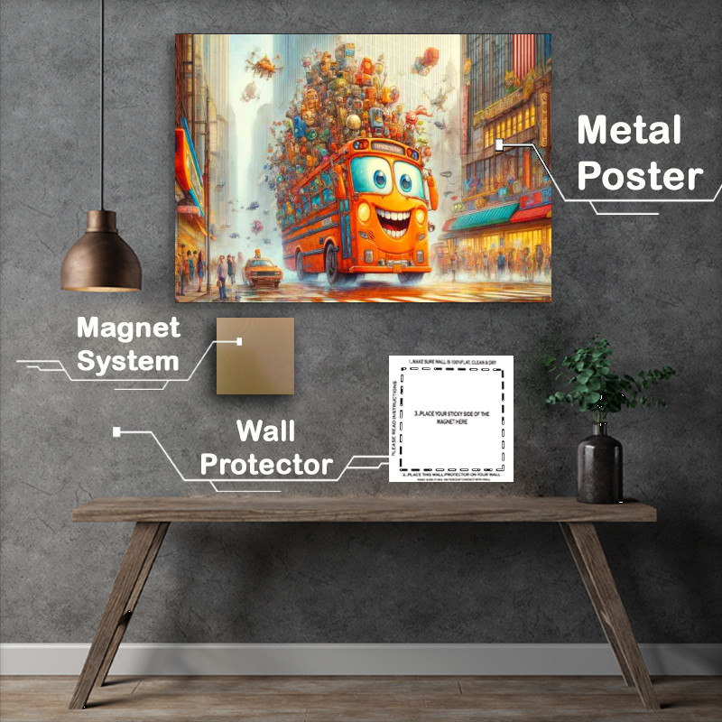 Buy Metal Poster : (Whimsical bus bright orange grinning)
