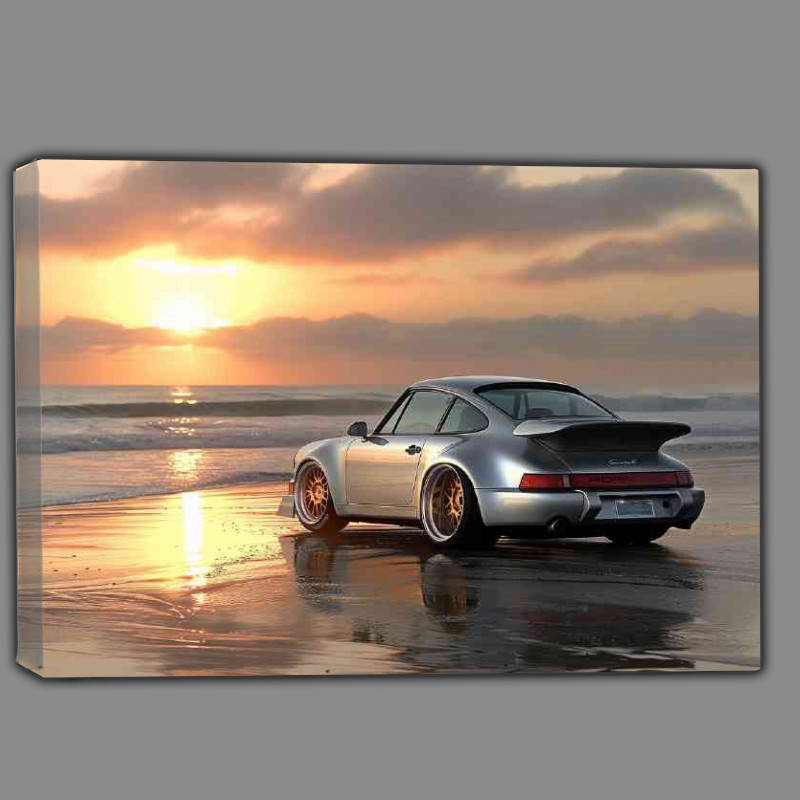 Buy Canvas : (Widebody Porsche 964 beach at sunset gold)