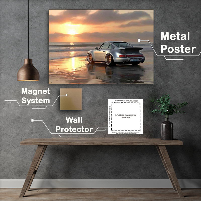 Buy Metal Poster : (Widebody Porsche 964 beach at sunset gold)