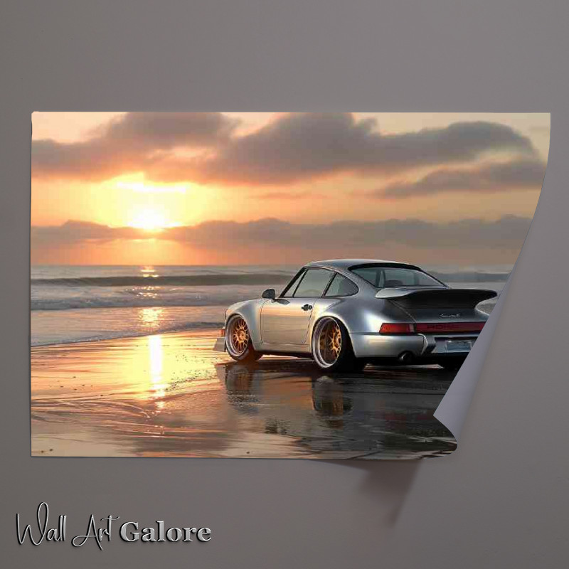 Buy Unframed Poster : (Widebody Porsche 964 beach at sunset gold)