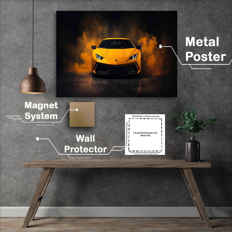 Buy Metal Poster : (Yellow Lamborghini misty smoke)