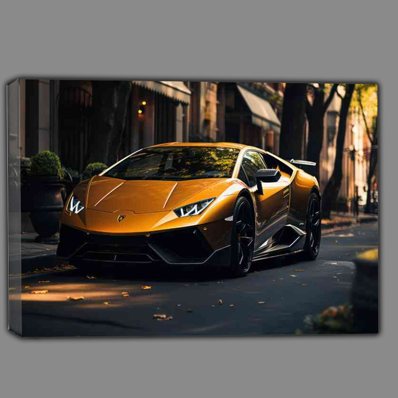 Buy Canvas : (Yellow Lamborghini sports car parked along the road)