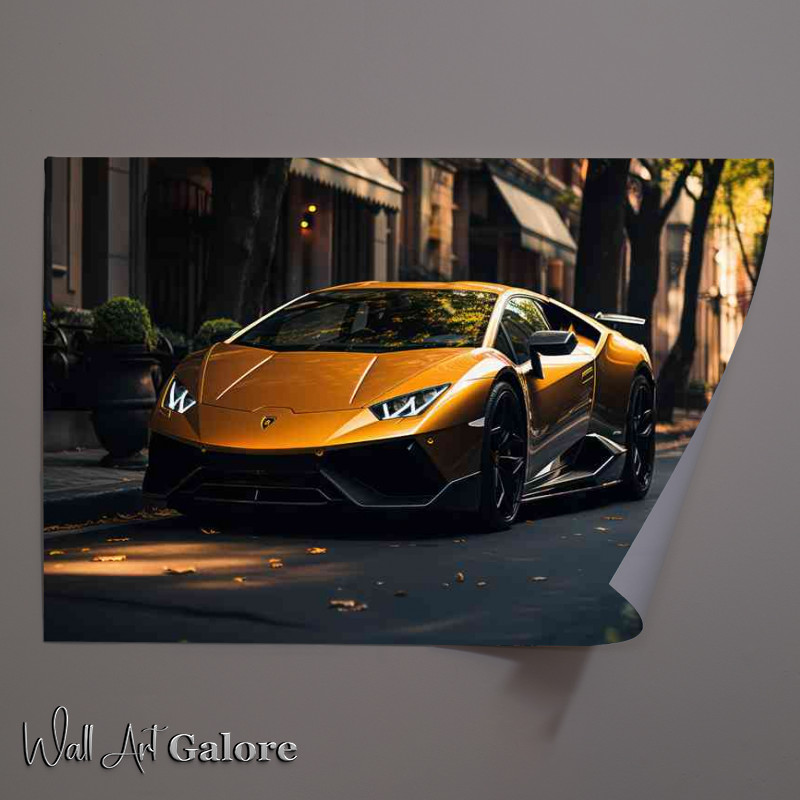 Buy Unframed Poster : (Yellow Lamborghini sports car parked along the road)