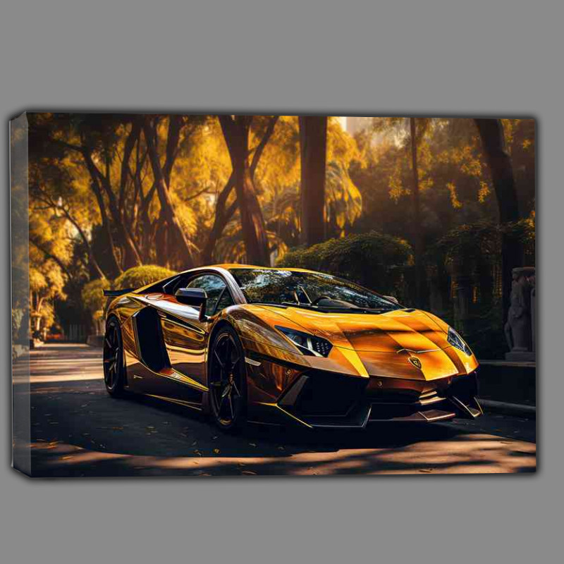 Buy Canvas : (Yellow super car parked next to the trees)