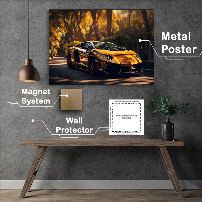 Buy Metal Poster : (Yellow super car parked next to the trees)