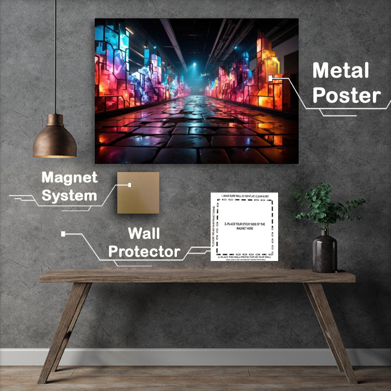Buy Metal Poster : (Neon colours of a mininal city street)