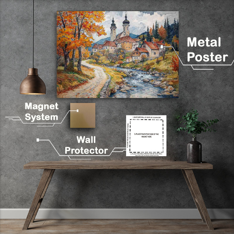Buy Metal Poster : (Art Nouveau painting stream and village Romaina)