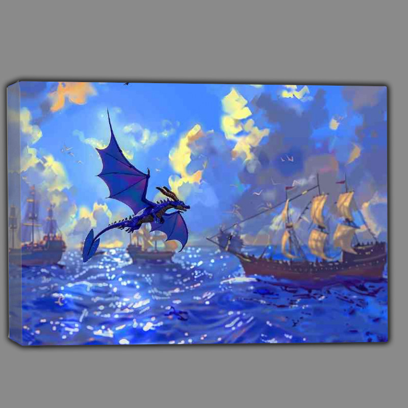 Buy Canvas : (Blue Dragon flying over the sea with ships)