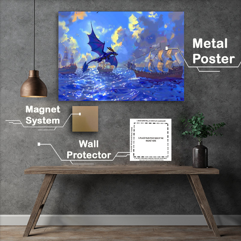 Buy Metal Poster : (Blue Dragon flying over the sea with ships)
