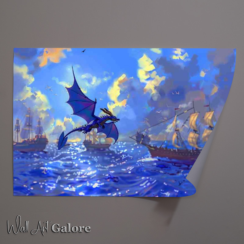 Buy Unframed Poster : (Blue Dragon flying over the sea with ships)