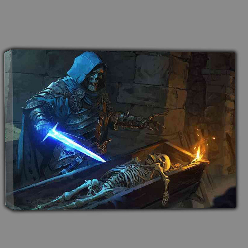 Buy Canvas : (Blue cloaked and hooded Skeleton with a glowing sword)