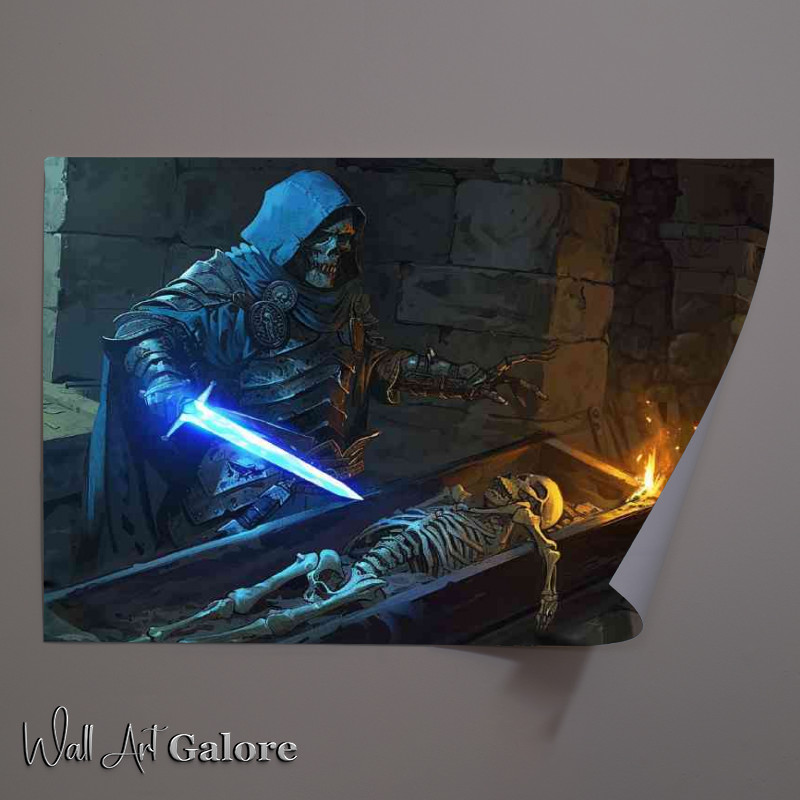 Buy Unframed Poster : (Blue cloaked and hooded Skeleton with a glowing sword)