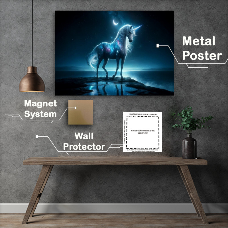 Buy Metal Poster : (Celestial Unicorn shimmering with starry blue and silver)