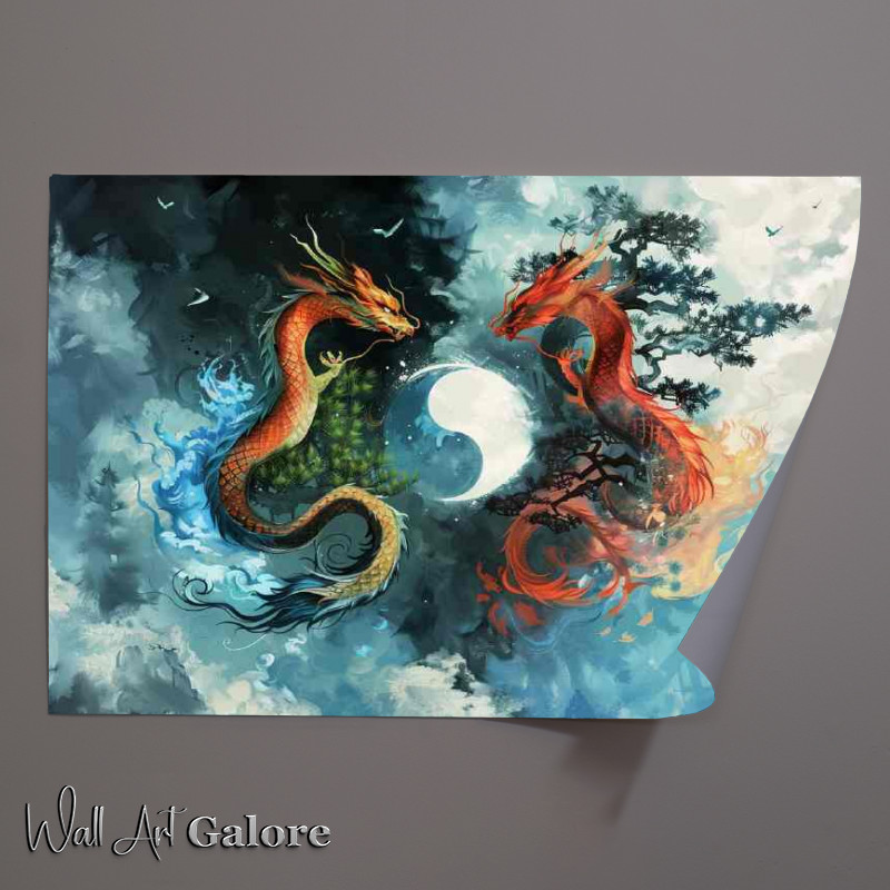 Buy Unframed Poster : (Dragon and Phoenix coiled around the yin yang symbol)