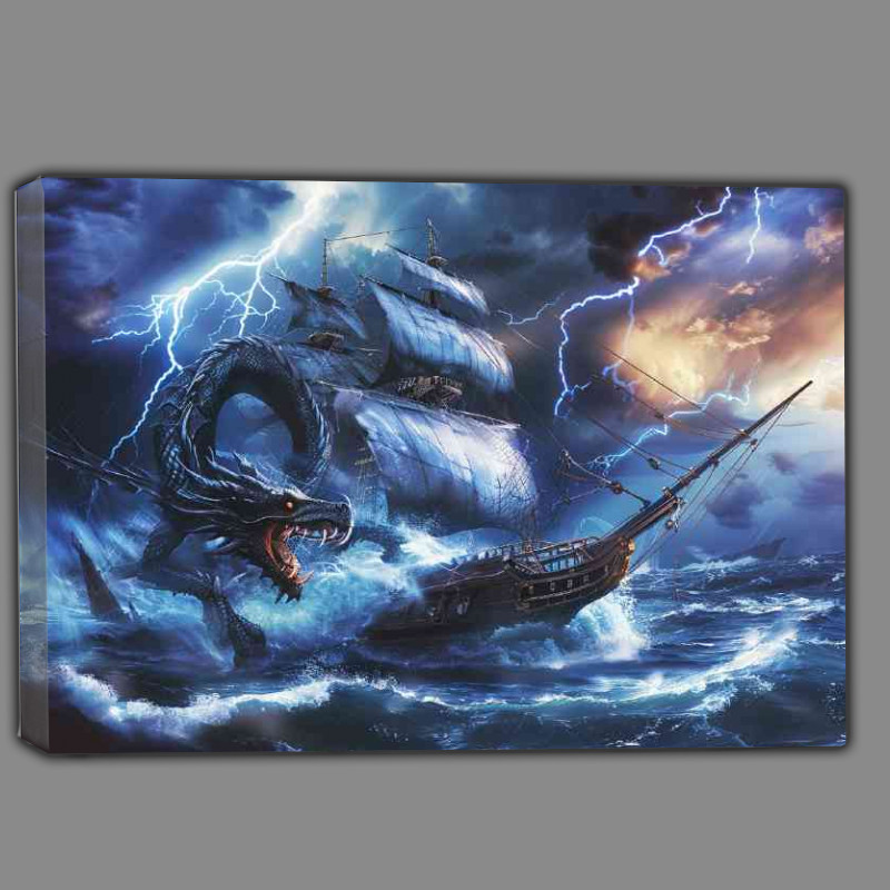 Buy Canvas : (Dragon in the ocean attacking an old sailing Ship)