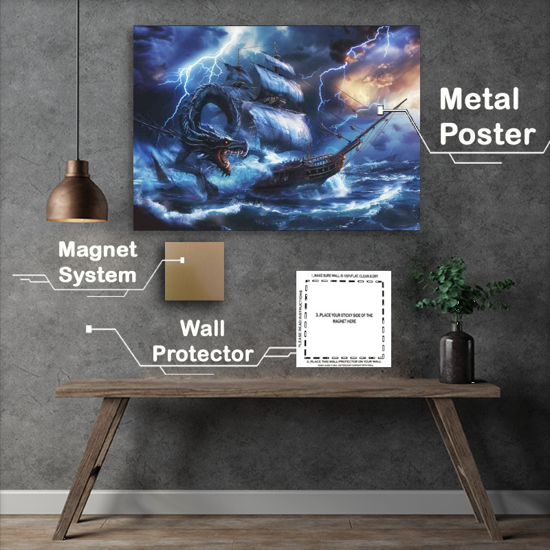 Buy Metal Poster : (Dragon in the ocean attacking an old sailing Ship)