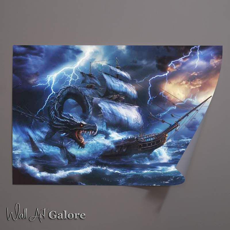 Buy Unframed Poster : (Dragon in the ocean attacking an old sailing Ship)
