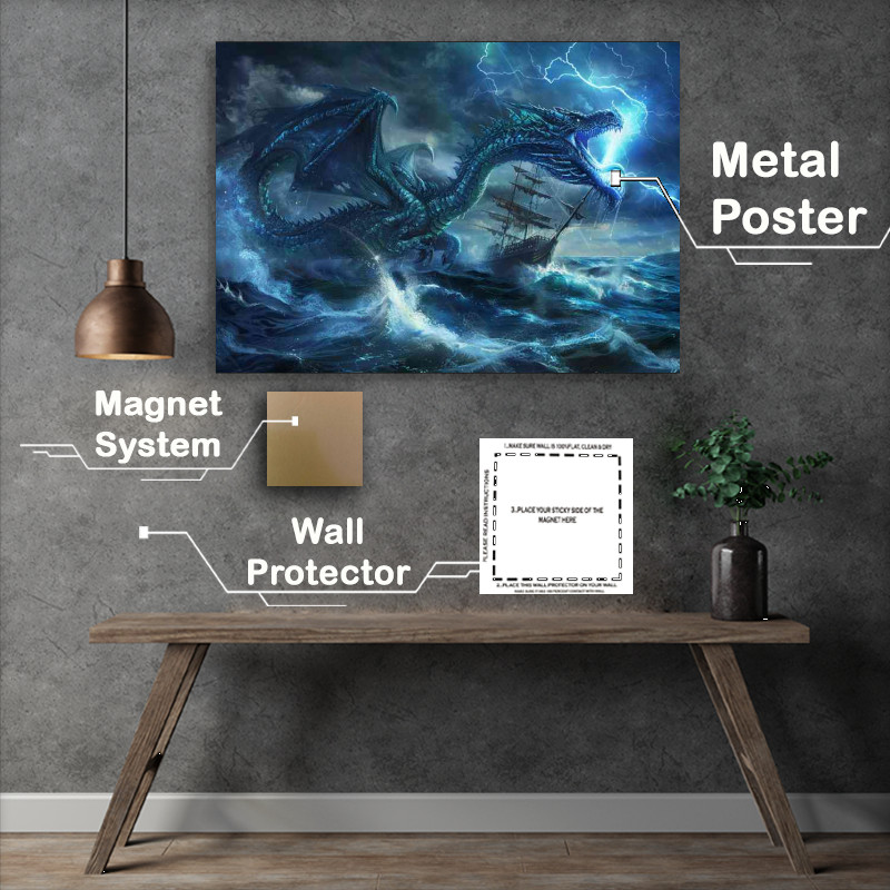 Buy Metal Poster : (Dragon in the sea its body wrapped around an old sailing ship)