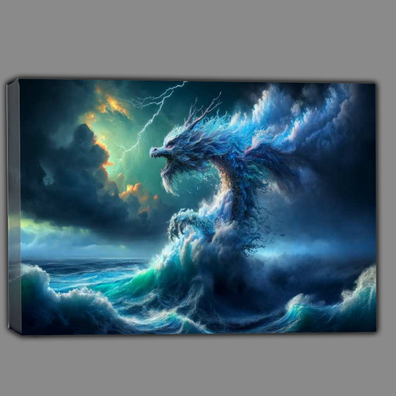 Buy Canvas : (Dragon made of flowing water soaring above an ocean)