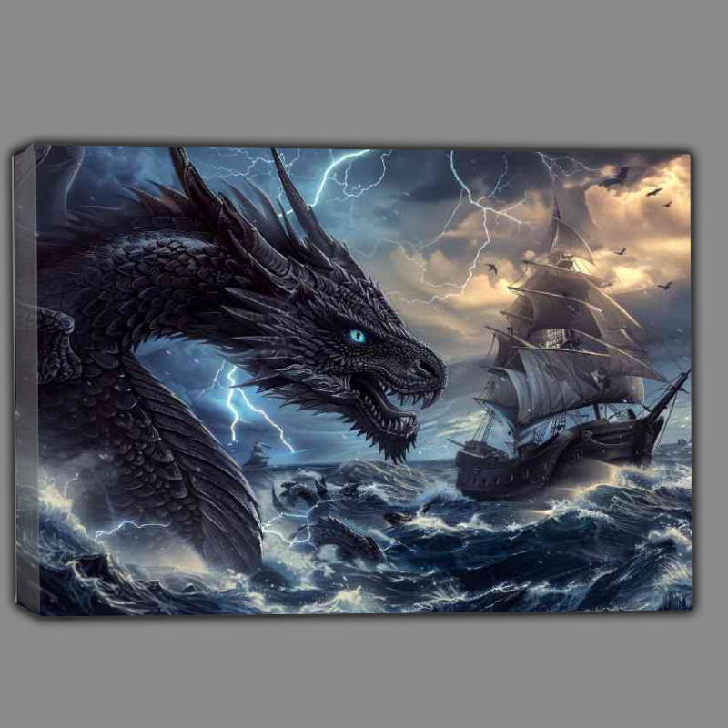 Buy Canvas : (Dragon with blue eyes and black scales in the sea)