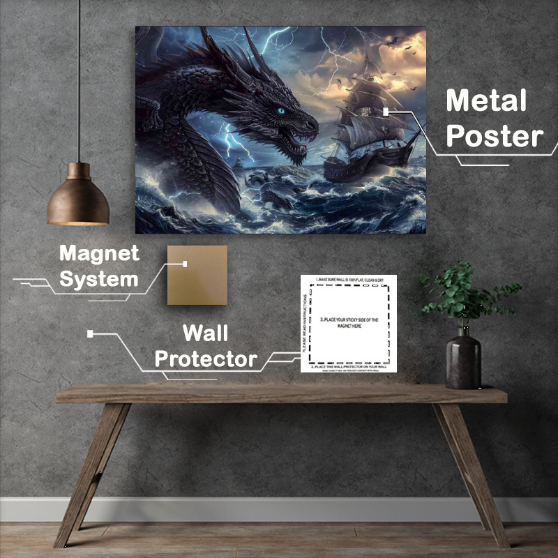 Buy Metal Poster : (Dragon with blue eyes and black scales in the sea)