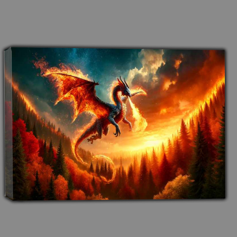 Buy Canvas : (Dragon wrapped in flames soaring above a forest ablaze)