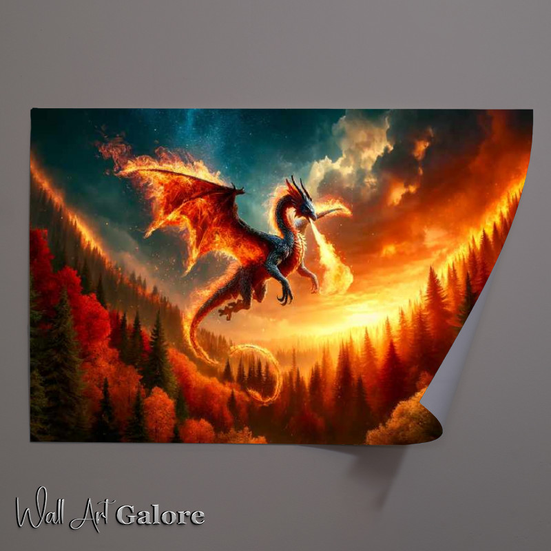 Buy Unframed Poster : (Dragon wrapped in flames soaring above a forest ablaze)