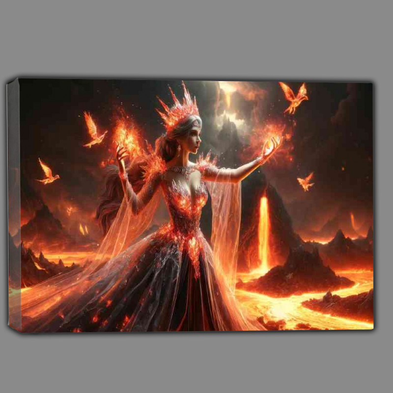 Buy Canvas : (Enchantress clad in a fiery crystal with a volcanic eruption)