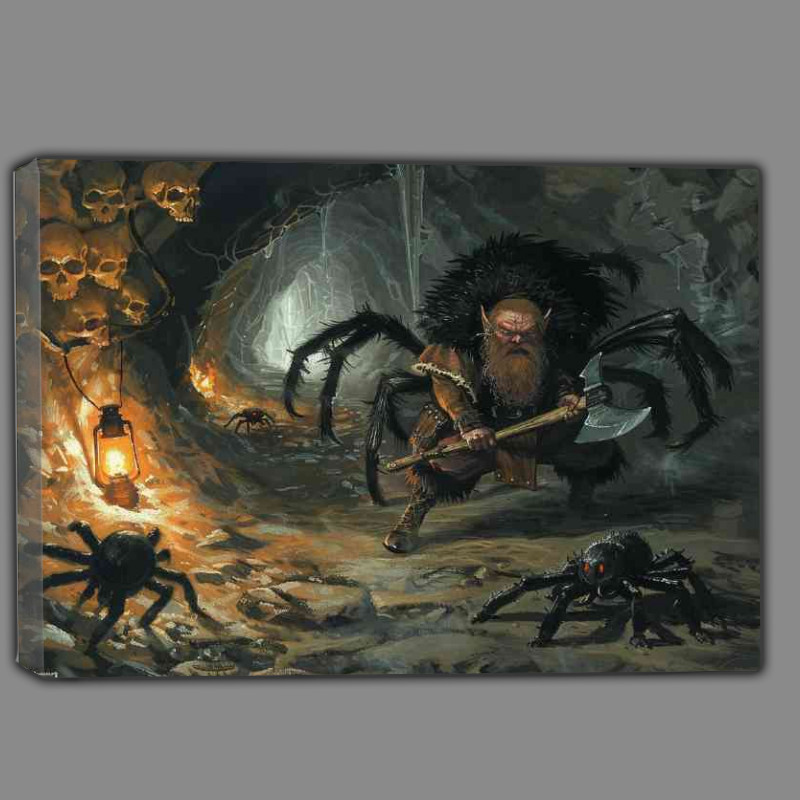 Buy Canvas : (Fantasy Dwarf fighting monster spiders)