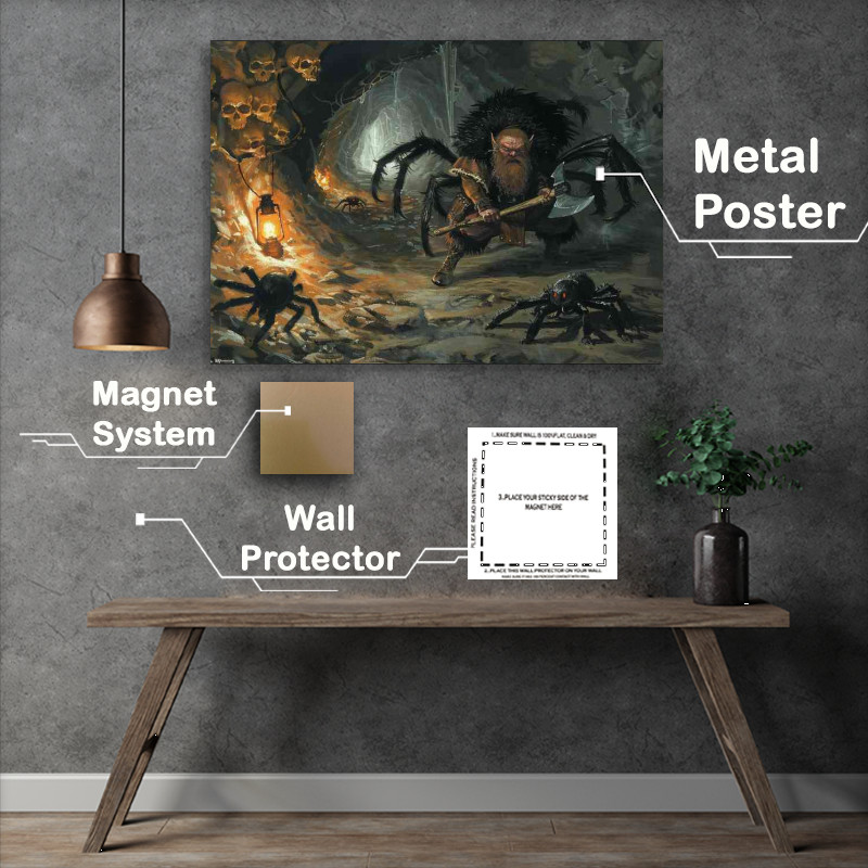 Buy Metal Poster : (Fantasy Dwarf fighting monster spiders)