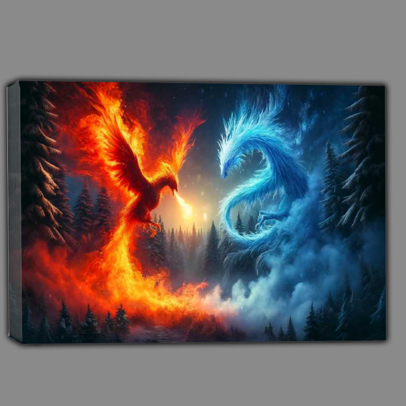 Buy Canvas : (Fiery phoenix and an Ice dragon set in a mystical forest)