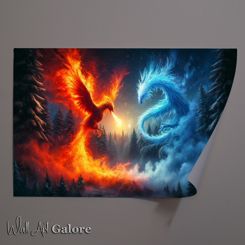 Buy Unframed Poster : (Fiery phoenix and an Ice dragon set in a mystical forest)