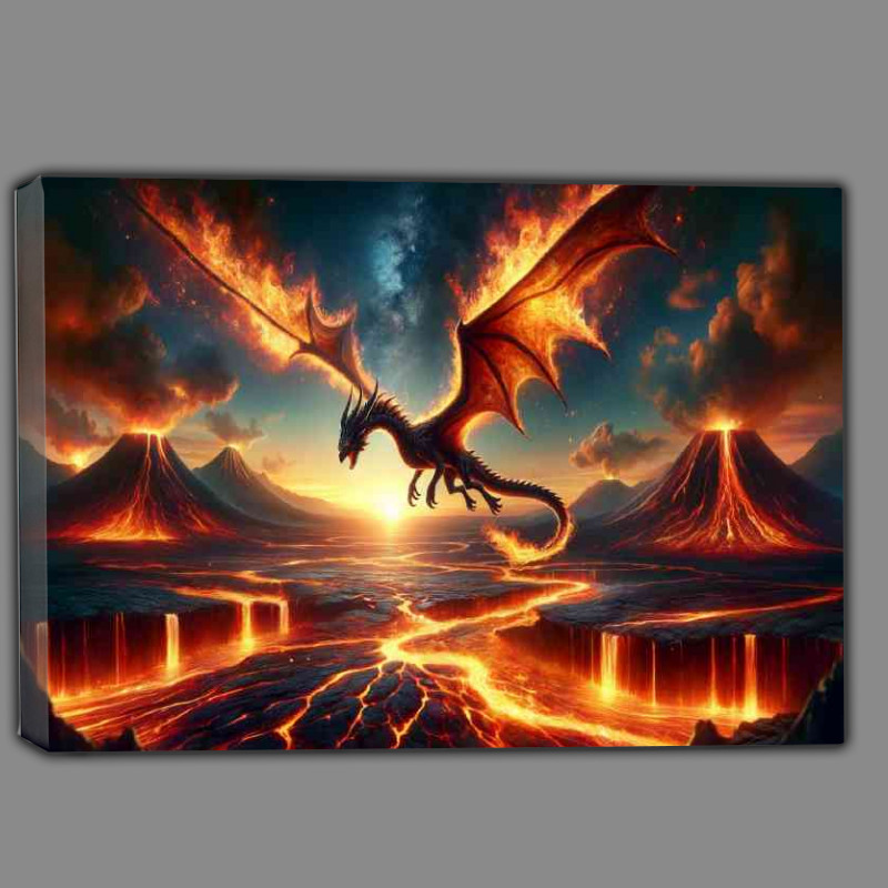 Buy Canvas : (Fire Dragon soaring above a volcanic its wings casting flames)