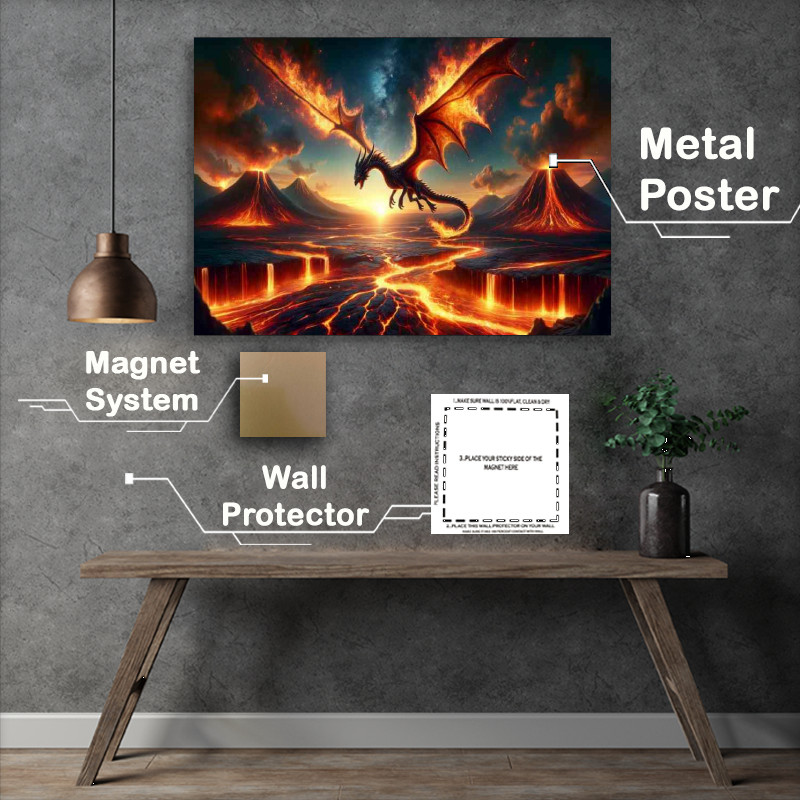 Buy Metal Poster : (Fire Dragon soaring above a volcanic its wings casting flames)