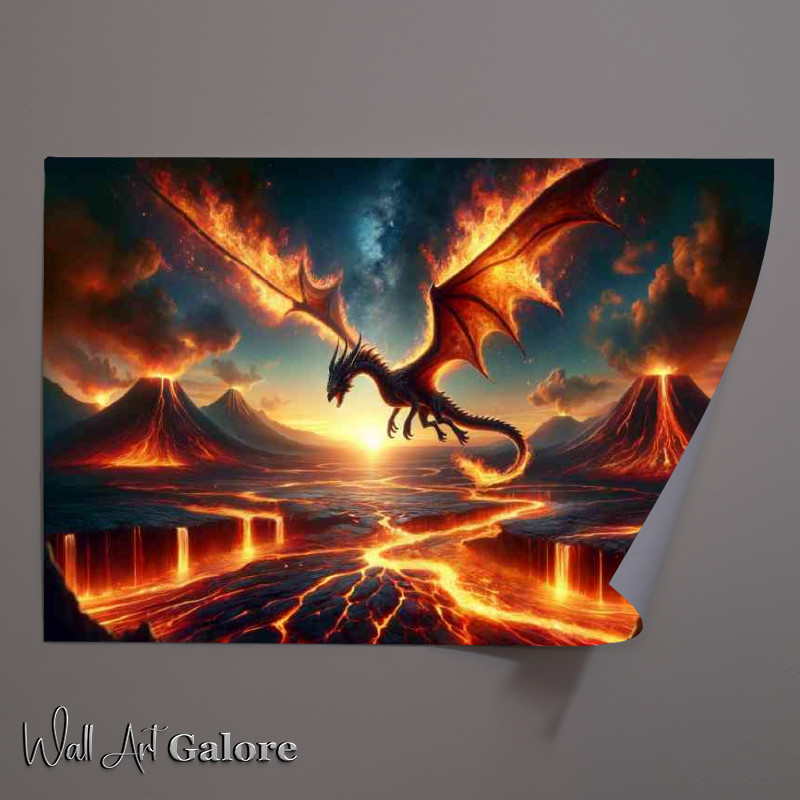 Buy Unframed Poster : (Fire Dragon soaring above a volcanic its wings casting flames)